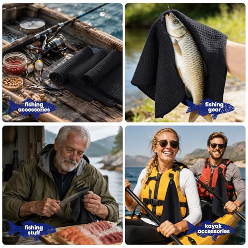 Puomue 3 Pack Microfiber Fishing Towels with Clip, 16" X 16", Waffle Pattern for Effective Cleaning of Fishing Gears or Dirty Hands, Perfect for Camping Towels and Hiking Towles (Black, 16"X16") - color: Black