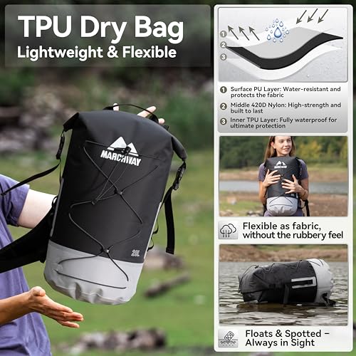 MARCHWAY Floating Roll Top Dry Bag, Flexible Lightweight TPU Waterproof Backpack 20L/30L/40L with Padded Straps for Boating, Kayaking, Swimming, Hiking, Beach (Black, 30L) - color: Black, size: 30L