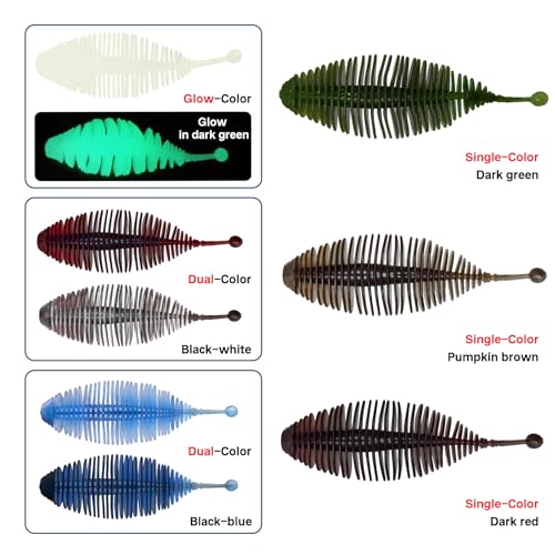 Eupheng 20PCS Soft Plastic Swimbait, Ribbed Plastic Baits with Tickle/Paddle Tail, Fishing Worms Bionic Soft Leech Fishing Minnow Bait for Bass, Pike, Trout, Walleye - color: Glow in Dark Green, size: 10cm(3.94inch)