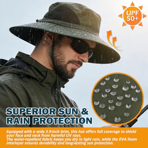 Wide Brim Sun Bucket Hat, Waterproof Boonie Hat for Men & Women | UPF 50+ UV Protection, Adjustable Fit, Chin Strap & Sweatband, Foldable Durable for Fishing Hiking Garden Beach - color: 01 Army Green