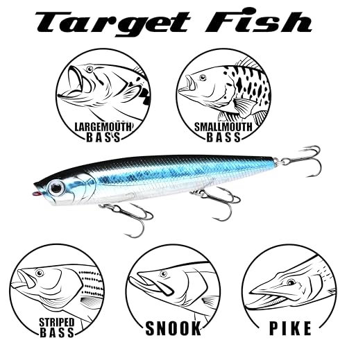 LUCKY CRAFT Gunfish 95 3 Hook Freshwater Fishing Lures and Bait for Bass Fish, Topwater Fish Line, Surface Bait with Treble Hooks, Fishing Gear for Tackle Box - color: 074 Chrome