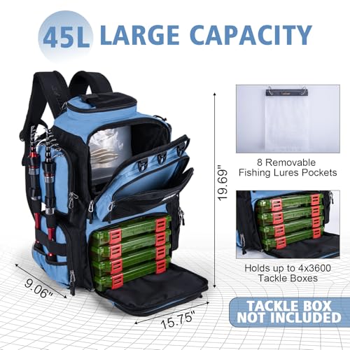 Goture Fishing Backpack,900D Water-Resistant Tackle Backpack with Rod Holders, SBS Zippers,45L Large Fishing Bag Storage Gear Tackle Bag with Rain Cover, Bottle Holder for Travel Camping Hiking - color: A1:Blue Black(Only Bag), size: Without Tackle Boxes