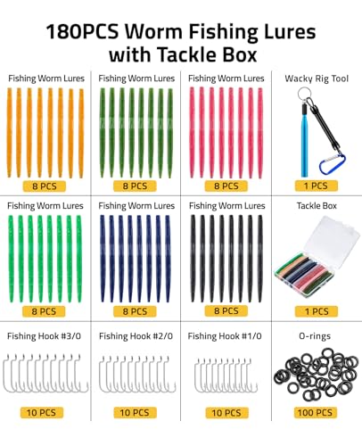 CVLIFE Wacky Worm Kit for Bass Fishing, 48PCS 5.5" Wacky Worm Lures, 100 O-Rings, Wacky Rig Tool, 30 Hooks and Tackle Box, 180PCS Soft Plastic Fishing Lure Kit