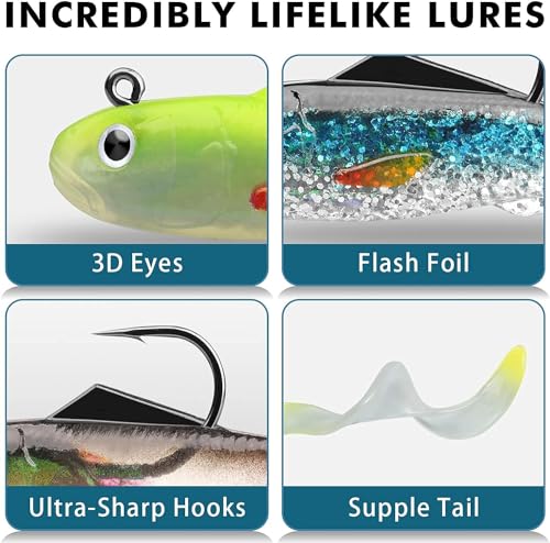 GOTOUR Pre-Rigged Soft Fishing Lures with Weedless Hook, Lifelike Paddle Tail Swimbaits for Bass Fishing, Freshwater & Saltwater Fishing Bait, Fishing Tackle for Bass, Pike, Trout, and Walleye - color: B2-3.5"-0.45oz