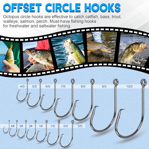Fishing Circle Hooks Saltwater, 120pcs Catfish Hooks Offset Circle Octopus Fishing Hooks High Carbon Steel Black Nickel 2X Strong Barbed Fishhooks for Bass Trout Catfish Freshwater Size 6#-10/0 - size: 6/0-120pcs