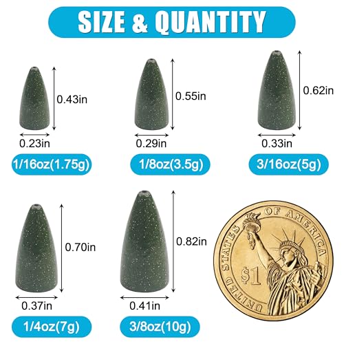 Bullet Fishing Weights Sinkers, 30pcs Worm Slip Sinkers Weight for Bass Fishing Carolina Rig Texas Rig Drop Casting Sliding Weights Saltwater Freshwater - size: 1/16oz-30pcs