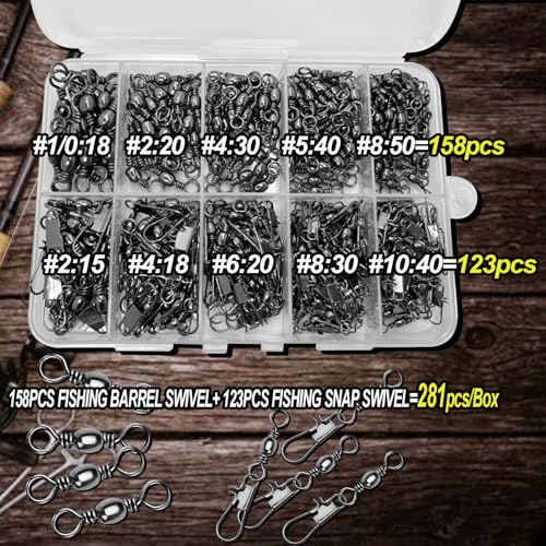 281pcs Fishing Snap Swivel Barrel Swivel, 123pcs Interlock Snaps Swivel, 158pcs Barrel Fishing Swivels , Fishing tackel for Saltwater Fishing Freshwater Fishing
