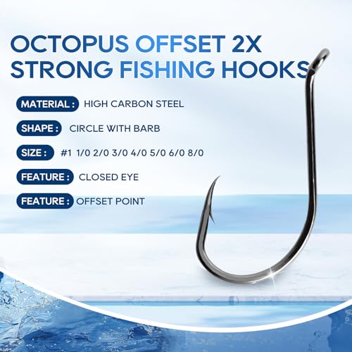 UCEC Circle Fishing Hooks Octopus Hooks Saltwater Freshwater, High Carbon Steel Offset Fishing Octopus Hook Set for Catfish Trout Fishing Size #1 1/02/03/04/05/06/07/08/0 170/ 100PCS - color: 170PCS Size: #1 1/0 2/0 3/0 4/0 5/0 6/0 8/0