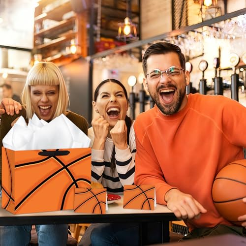 Hooqict Large Basketball Gift Bag Basketball Birthday Gift Wrap Bag with Handles, Tissue Paper, Greeting Cards for Kids Boys Men Sports Themed Goodie Treat Party Favors - color: Basketball