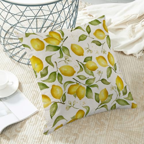 Summer Pillow Covers 16x16 Inch Set of 2 Yellow Lemon Floral Throw Pillows Outdoor Decorative Seasonal Spring Summer Yellow Green Leaves Floral Pillowcases Linen Cushion Covers for Sofa Couch - color: Lemon Floral, size: 16" x 16" (Pack of 2)