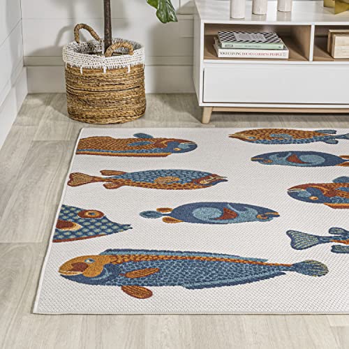 Eyely Fish High-Low Area Rug 5 X 8 Navy/Orange/Cream, Indoor Outdoor Rug | Ships Rolled, Durable Flat Weave, Lays Flat for Backyard, Patio, Porch, Easy-Cleaning, High Traffic,Pet-Friendly,Non-Shedding