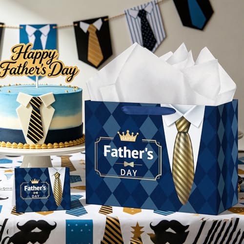 Hooqict Large Fathers Day Gift Bag Father Gift Wrap Bag with Handles, Tissue Paper, Greeting Cards for Best Daddy Husband Grandfather Happy Father's Day Celebrations Party Supplies - color: Fathers Day