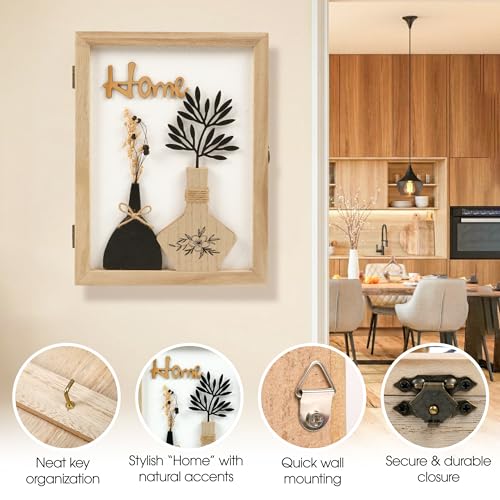 Hidden Key Holder for Wall - Wooden Key Box Wall Mount Decorative Cabinet with 6 Hooks, Rustic Beige Wood Keychain Organizer, Access Card Hangers Rack Storage for Home Entryway Hallway Office Decor