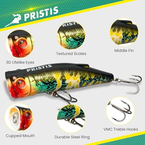 Pristis 3 pcs Topwater Fishing Plopper Lures, Floating Popper Bait Set with Chemically Sharpened Hooks for Saltwater Freshwater, Top Water Plopping Swimbait Teaser for Bass Tuna Perch Pike Crappie - color: Artistic Topwater Poppers
