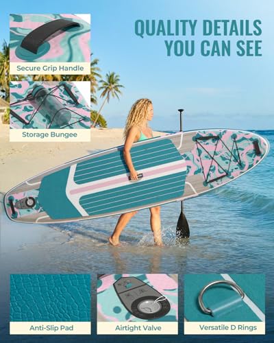 11ft Inflatable Stand Up Paddle Board, Wood Grain Ultra Lightweight SUP, 430lb Capacity for Adults Youth Family, for Fishing Surfing Camping, Includes Backpack & Pump - color: Pink Grained Grey Wood with Seat