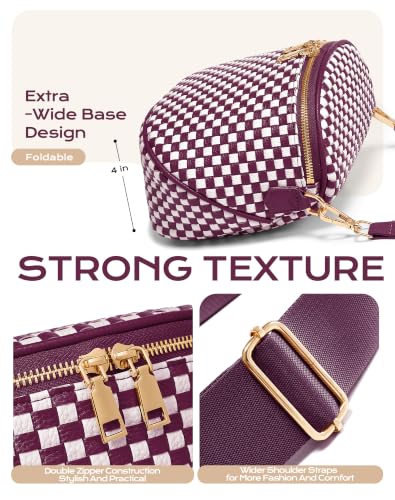 Trendy Woven Checkered Crossbody Bum Bag for Women，PU Leather Checkered Purse Fanny Packs Belt Bag (Woven Bum Bag - Wine Red White) - color: Woven Bum Bag - Wine Red White