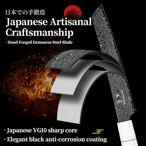 DRGSKL Damascus Serrated Bread Knife - VG10 Serrated Knife for Homemade Bread - Japanese G10 Handle - Slicer Knives with Wide Wavy Edge for Sourdough Baguette - with Gift Box - size: 7.8 inch