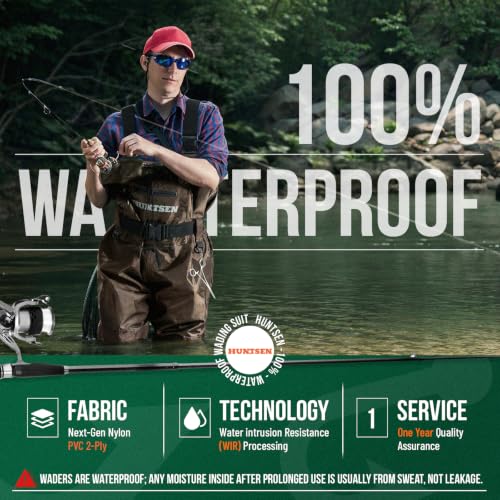 HUNTSEN Fishing Waders for Men Women - 2-Ply Nylon/PVC Waterproof Hunting Chest Waders with Boot Hanger&Phone Case, Size9-13 - color: Brown, size: 11