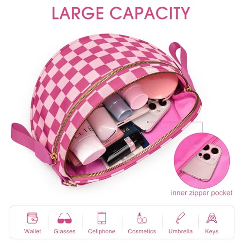 Checkered Nylon Crossbody Bag Bum Bag for Women Mom Large Checkered Fanny Packs with Adjustable Strap - color: Rose Checkered