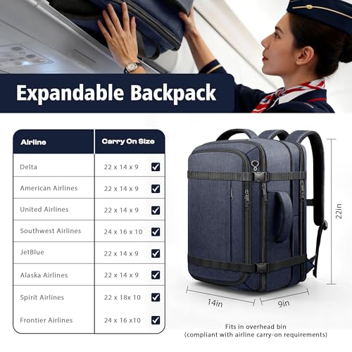 Travelability Carry On Backpack,Expandable 1-7 DAYS Roomy Travel Backpack with Cable Access Port,Anti Theft Water Resistant Fits 18.4"Laptop Large Business Backpack for Men Women,Flights Approve,Blue - color: Blue, size: 18.4inch (22"x14"x9")
