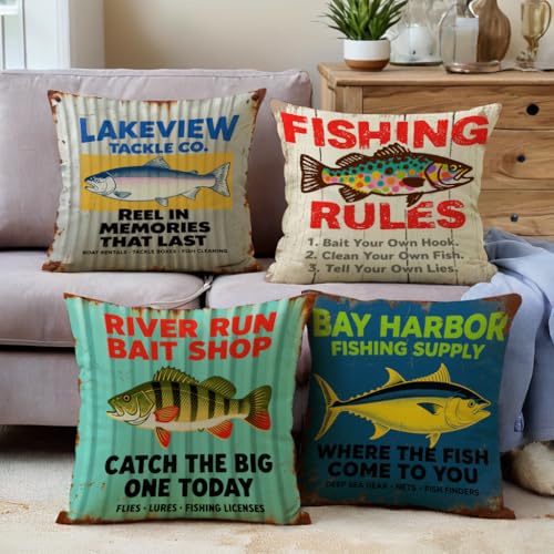 Rustic Fishing Throw Cushion Case 18x18 Inch Reel in Memories Trout Pillow Cover for Lake House Cabin Man Cave Couch Sofa Outdoor Fishing Decor Pillowcase (Grey) - color: Grey
