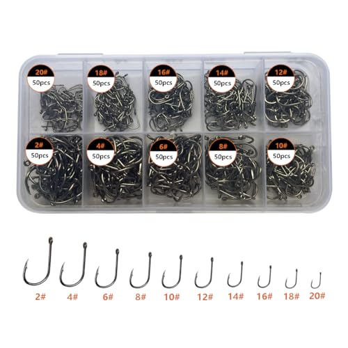 AMHDV 300Pcs/ 500Pcs/ 1000Pcs Small Fishing Hooks, 10 Different Sizes Tiny Fish Hook Set for Freshwater - style: 500pcs (2# to 20#)
