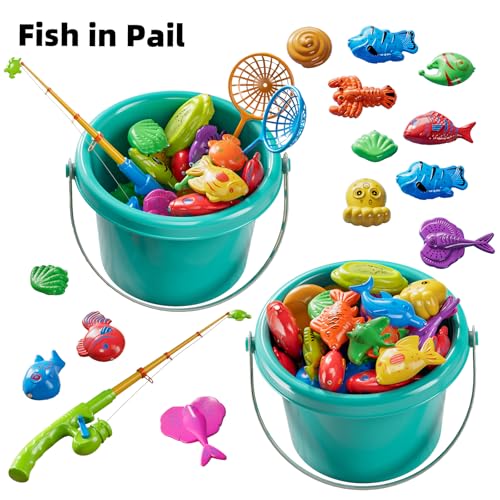TEMI Magnet Fishing Game for Kids 4-8, Fish Toys for Kids 3-5, Bathtub Floating Fishing Pole, Water Table Pool with Rod Net, Summer Water Play Indoor and Outdoor, Gifts for Holiday for Boy and Girls - size: Round Pool