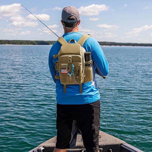 Piscifun Fishing Tackle Backpack with Rod & Gear Holder, Lightweight Outdoor Water-Resistant Fishing Shoulder Storage Bag with Protective Rain Cover, Khaki - color: Khaki, size: Standard