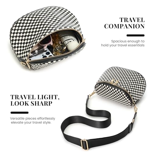 Woven Vegan leather Crossbody Bags For Women, Checkered Fashion PU Bum Bag Waist Pack, Travel Sling Purse with Adjustable Strap（Black) - color: White and Black