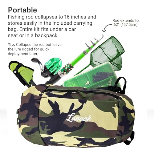 Lanaak Kids Fishing Pole, Kids Portable Telescopic Fishing Rod Set, Tackle Box and Fishing Net Combo Kit, Kids Fishing Gear for Boys and Girls Age 5-10 and Youth - color: Camo Green, size: 1.5m or 4.9 FT