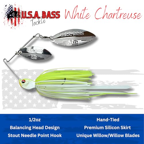 USA BASS Tackle Apache Attack Spinnerbait Type II Largemouth Smallmouth Spotted Bass Premium Fishing Bait Handtied Skirt Custom Blades Heavy Duty Hook New for 2025 - color: White Chartreuse, size: 1/2oz - Willow/Willow