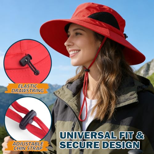 Wide Brim Sun Bucket Hat, Waterproof Boonie Hat for Men & Women | UPF 50+ UV Protection, Adjustable Fit, Chin Strap & Sweatband, Foldable Durable for Fishing Hiking Garden Beach - color: 01 Red
