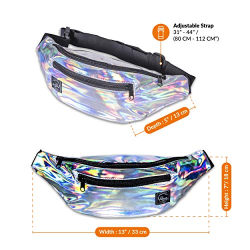 Vibe Festival Gear Rave Fanny Pack for Women Men – Festival, 4 Pockets, Adjustable Strap, Cute Waist Bag, Crossbody Belt Bag, Hiking, Running, Cycling - color: Silver, size: Fits Most