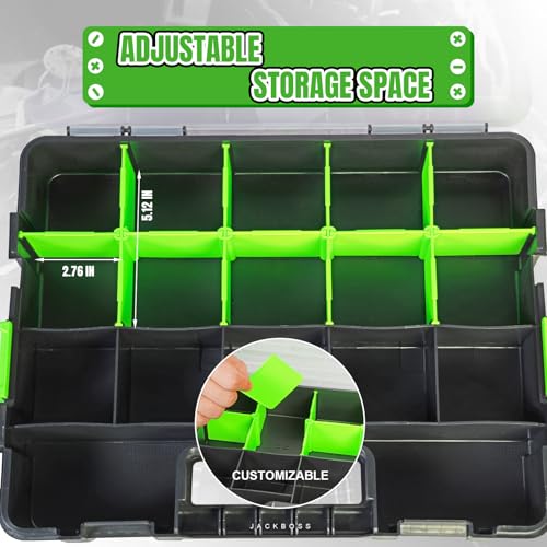 Jack Boss Tool Box with Transparent Lid, Single Side 17-Compartments Organizer Box with Removable Dividers for Hardware, Screws, Bolts, Nails, Beads, Jewelry and Fishing Accessories, Green, 2 Pack - color: Green, size: 2-PCS