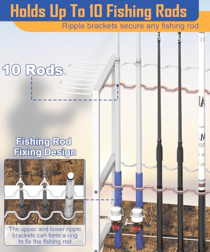 Fishing Rod Holders for Garage, Fishing Pole Holder Stand with Multifunctional Hook, 4 Tier Fishing Gear Equipment Organizers Rack, Fits Most Rods of 1.58" for Home Entryway Corner - color: White