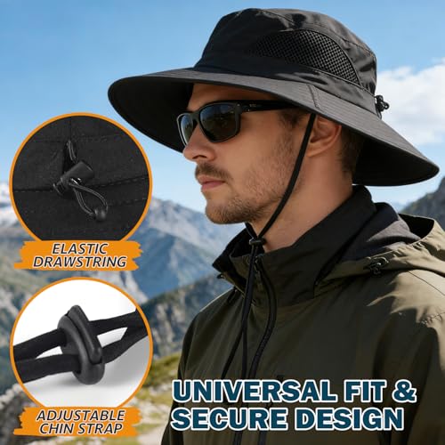 Wide Brim Sun Bucket Hat, Waterproof Boonie Hat for Men & Women | UPF 50+ UV Protection, Adjustable Fit, Chin Strap & Sweatband, Foldable Durable for Fishing Hiking Garden Beach - color: 01 Black