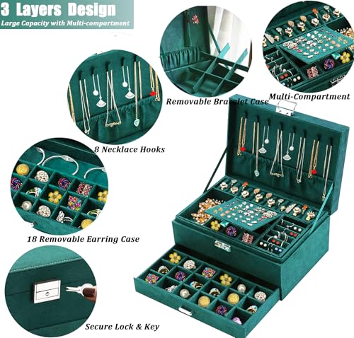 QBestry Jewelry Box for Women with Drawer, 3-Layer Large Jewelry Organizer with Lock & Key, 8 Necklace Hooks & 56 Earring Holes, Green Velvet Jewelry Storage Box for Necklaces Earrings Rings Bracelets - color: Emerald Green