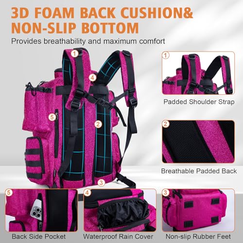 Goture Fishing Backpack, 58L 900D Water-Resistant Insulated Tackle Backpack with Cooler, Rod Holders, 8 Lure Pockets, Detachable Crossbody Bag, Gear Storage Large Fishing Bag for Camping Hiking - color: Bling Pink