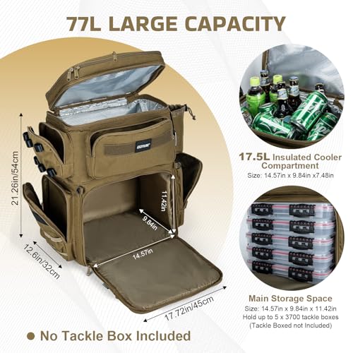 Goture Fishing Backpack, 66L 600D Tackle Backpack with Cooler,3 Rod Holders, Helmet Holder, Rain Cover, Saltwater Large Fishing Bag for Camping Hiking, Gear Storage Bag, Gifts for Men - color: B1:khaki(without Tackle Box)