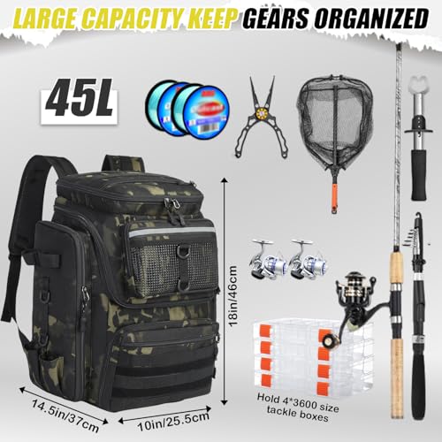 HAMBOLY Fishing Backpack 45L with Rod Holders, Water-Resistant Tackle Backpack for Fishermen, Large Capacity Fishing Gear Bag for Travel Hiking Camping - color: Dark CM (4 Tackle Boxes Included)