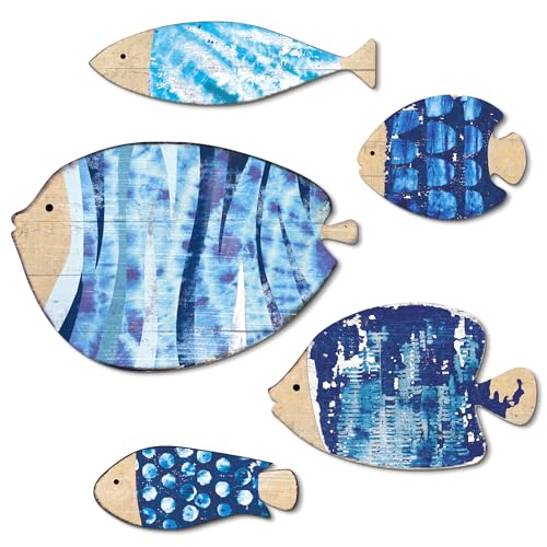 Putuo Decor 5 Ps Wood Fish Nautical Beach Wall Decor Wall Hanging Fish Sculpture Decor Lake House Ocean Decor Vintage Blue Fish Ornaments for Home Bathroom Bedroom (6.5 In) - color: Blue Fish