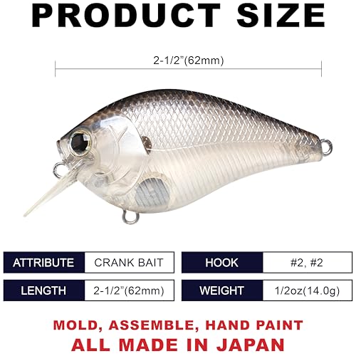 LUCKY CRAFT Fat CB BDS2 Fishing Lure, 2.5" Floating Squarebill Crankbait, 2–3 ft Depth, Freshwater Trout and Bass Lures, Bass Fishing Gear and Tournament Hard Bait - color: 222 Ghost Tennessee Shad