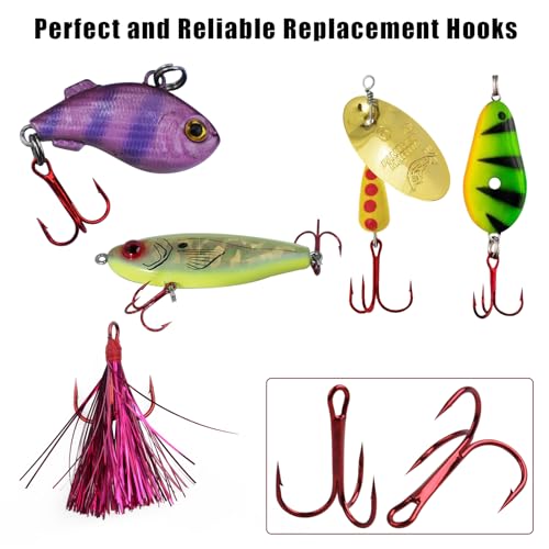 Fishing Treble Hooks Triple Fishing Hooks High Carbon Steel Barbed Sharp Round Bend Treble Hooks Replacement for Hard Lures Bait - color: Red, size: 4#-50pcs