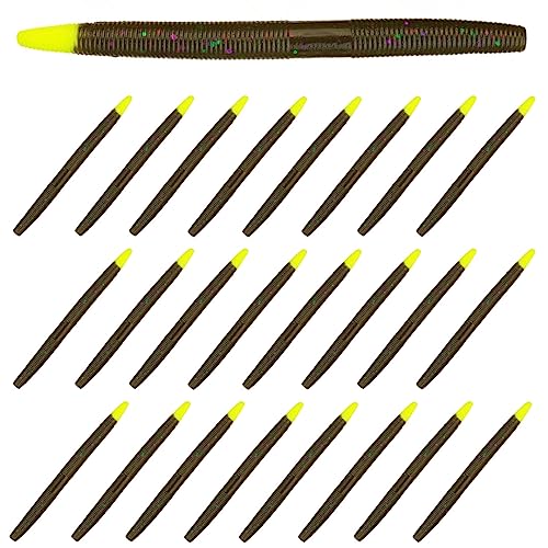 Reaction Tackle Wacky Worms, 5.5 Inch Salt Impregnated Soft Plastic Stick Bait Bass Fishing Lures for Finesse, Wacky, Neko, Texas and Carolina Rigs, 24 Pack - color: Green Pumpkin Chartreuse Tip