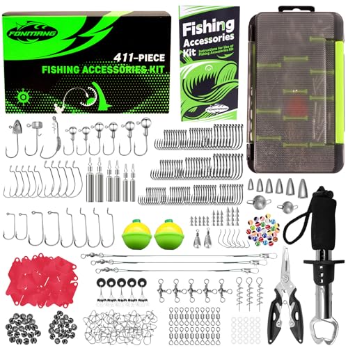 FONMANG 322-Piece Fishing Lures Kit - Buzz Bait/Spinner Baits/Jig/Frog, Fishing Tackle Box with Tackle Included, Soft Bait/Hooks/Weights, Fishing Gear Lure Kit Gift for Men Freshwater Bass Trout - color: E1-411pcs