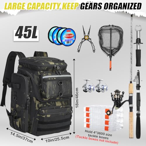 HAMBOLY Fishing Backpack 45L with Rod Holders, Water-Resistant Tackle Backpack for Fishermen, Large Capacity Fishing Gear Bag for Travel Hiking Camping - color: Dark CM