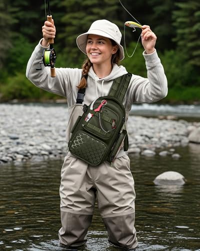 MATEIN Fishing Sling Bag with Lure Rod Holder & Phone Pouch, Waterproof 3600 Tackle Box Backpack with Removable Bait Binder - color: Olive Green
