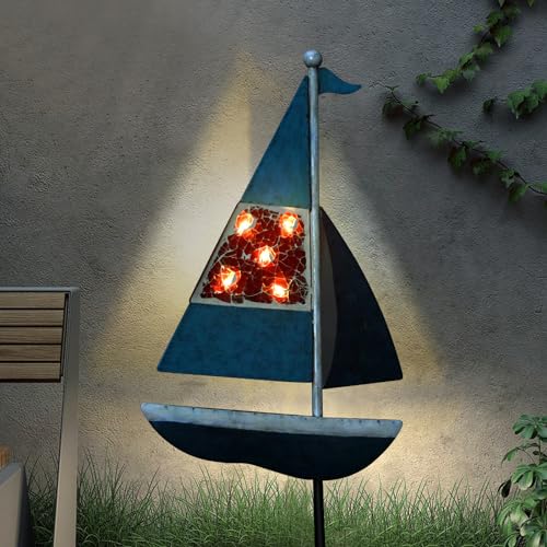 Solar Garden Lights Sailboat Stake Decor-Yard Outdoor Statue Decorations Waterproof 5 LED Metal Landscape Lighting Flower Bed,Pond,Yard,Lawn Gift for Mom Grandma Women - style: Sailboat