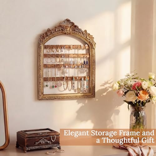 1 Pcs 10 x 6.9'' Wall Hanging Earring Holder Organizers Vintage Arched Frame 4 Layer Wall Mounted Jewelry Holder Decorative Retro Baroque Stud Earring Display (Gold) - color: Gold, size: 10 x 6.9''