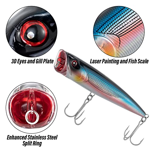 Dr.Fish Popper Saltwater Fishing Lures, 4/5.5 Inches GT Popper VMC Treble Hooks Surf Fishing Lures for Bass Striper Pike Salmon Offshore - color: Blue Herring-1 Pack, size: 5.5"